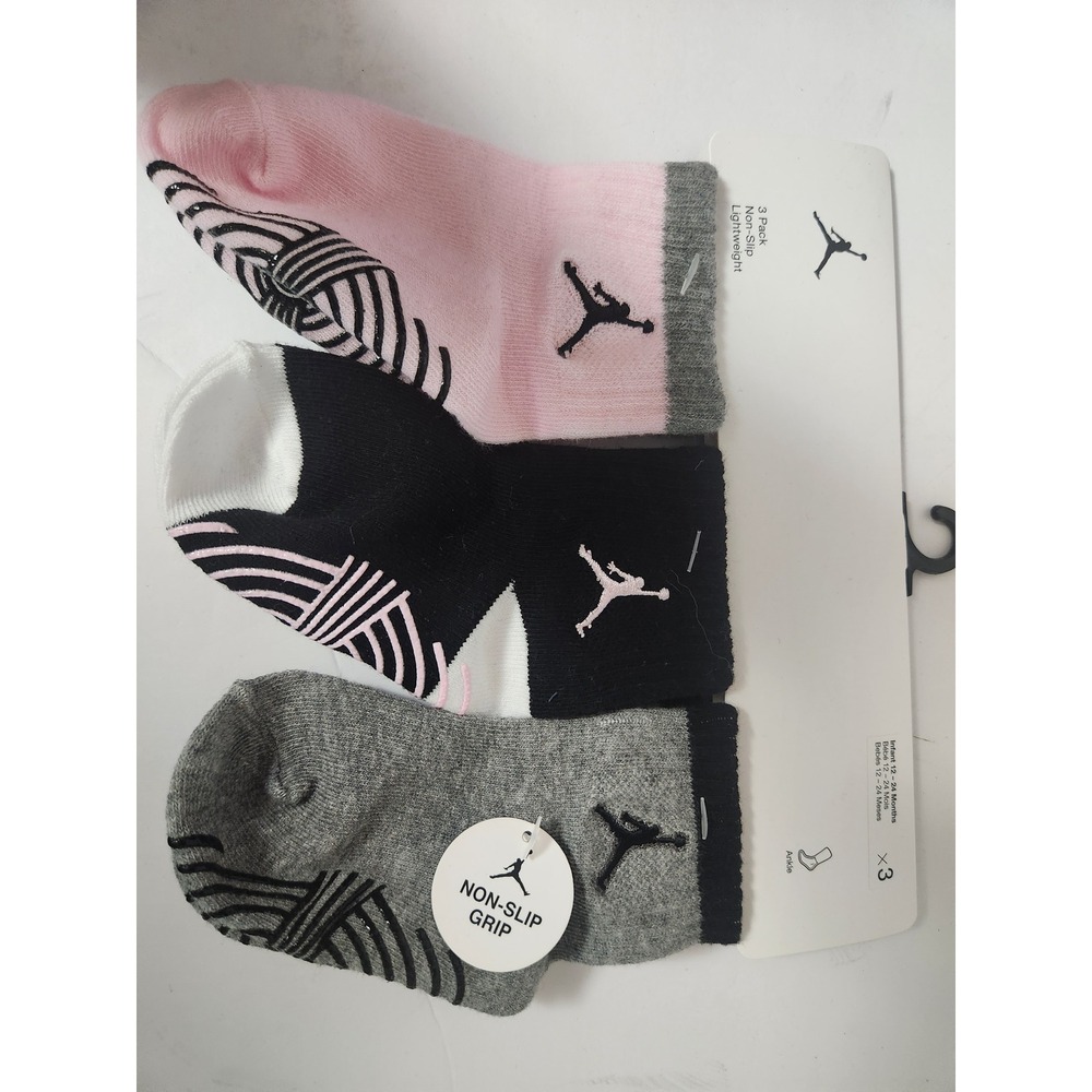Jordan 3 Pack Infant Socks 12-24 Months Ankle Lightweight Non-Slip Grip